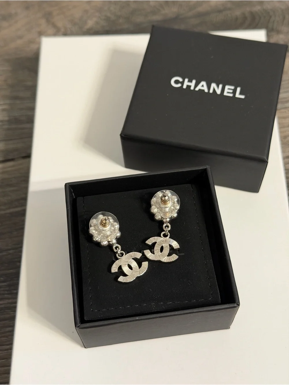 CHANEL Silver Pearl & Crystal CC Dangle Earrings